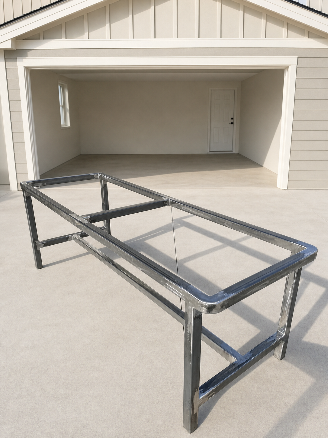 A custom steel table frame during fabrication.